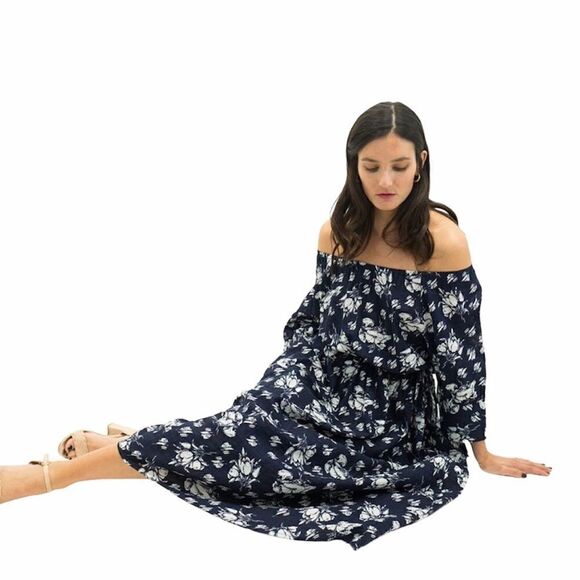 NWT THEKORNER Off the Shoulder Navy Maxi Dress - Picture 7 of 7